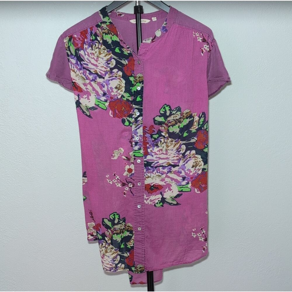 Soft Surroundings 2X Tunic‎ Floral Button Pink/Purple Silk Cotton semi-sheer